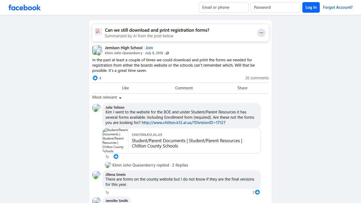 Jemison High School In the past at least a couple of times we could download and print the forms we needed for registration from either the boards website or the schools ... Facebook